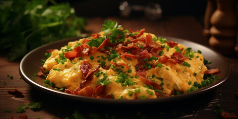 Scrambled eggs with bacon and parsley