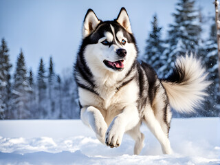 Naklejka premium Untamed grace of a Siberian Husky against a backdrop of snow, its fluffy fur dancing in the wintry breeze. Generative Ai.