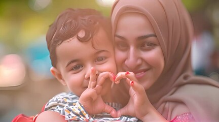 beautiful Muslim mother with a child full of love