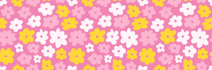 Retro groovy flower power background. Vintage 1970s floral seamless pattern. Hippie fun wallpaper. 1960s vector print for fabric, wrapping paper, stationery