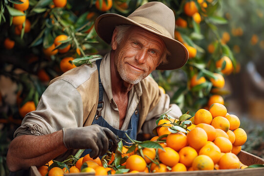 farmer elderly senior man holds harvest box of harvested ripe orange tangerines on a plantation on a farm in garden