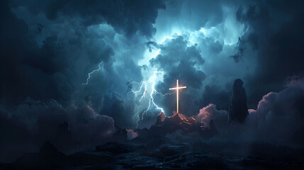 Dramatic Lighting on Easter Cross as Storm Clouds Gather, Generative Ai - obrazy, fototapety, plakaty