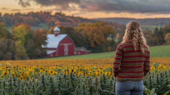 a woman looking at a field of sunflowers
