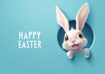 Happy easter greeting card with cute bunny design. Flat cartoon cute white bunny peeking out of the hole on a blue background with text Happy Easter. Easter day mockup