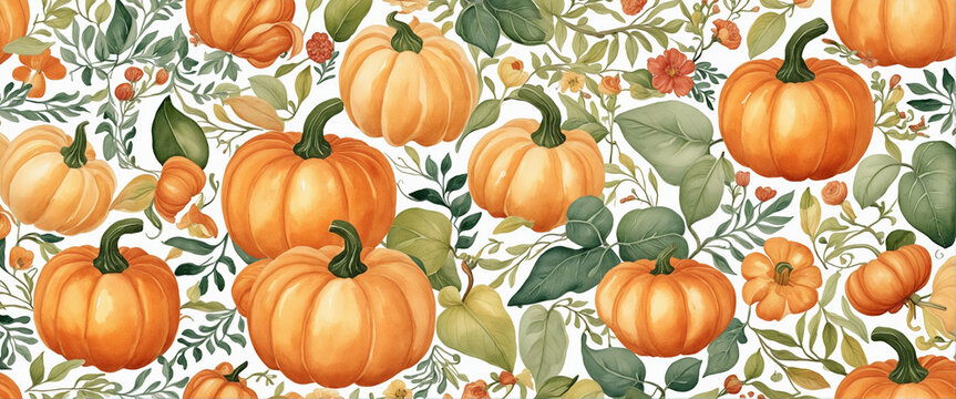 set of Autumn Watercolor Pumpkins and Floral Delights for Seasonal