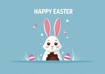 Fototapeta premium Happy easter greeting card with cute bunny design. Flat cartoon cute white bunny peeking out of the hole on a blue background with text Happy Easter. Easter day mockup