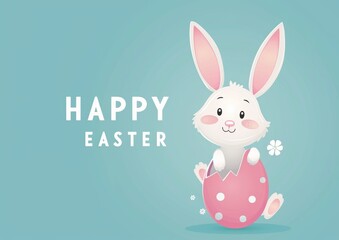 Fototapeta premium Happy easter greeting card with cute bunny design. Flat cartoon cute white bunny peeking out of the hole on a blue background with text Happy Easter. Easter day mockup