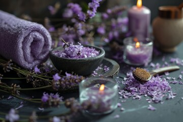 Elegant luxury spa area with folded fluffy violet purple lilac towels in a spa center in soft colors, with softly lit candles around and flowers lavender and plants nearby	

