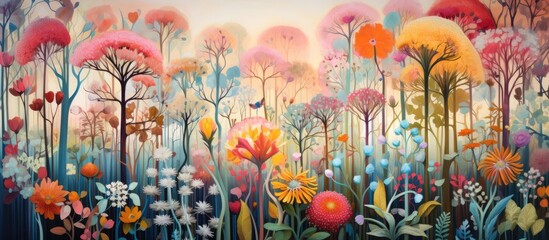 This artwork depicts a lush forest with tall trees and colorful flowers. The natural landscape is filled with vibrant flowering plants and petals, creating a beautiful and serene environment