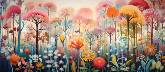 Foto op Canvas This artwork depicts a lush forest with tall trees and colorful flowers. The natural landscape is filled with vibrant flowering plants and petals, creating a beautiful and serene environment © AkuAku