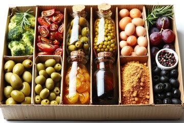 various food items in cardboard box advertising food photography