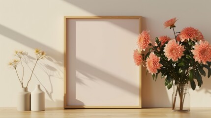 Square wooden frame with orange chrysanthemum in clear vase glass over a brown wooden table on a beige background. mockup Scandinavian interior design