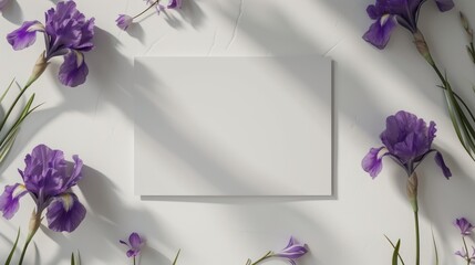 Vibrant purple iris floral arrangement with a blank white card mockup for your message on a white concrete wall. Paper greeting card