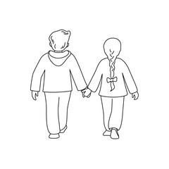 A girl and a boy walk holding hands. Back view. Vector isolated illustration in line style.	