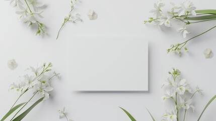Top view 3D paper card for invitation card with elegant white iris flowers decor on white background. Mockup greeting card