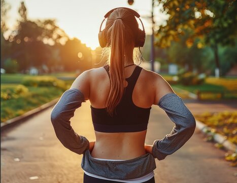 The Inspiring Sight of a Girl in Headphones Running Through the Park as the Sun Sets