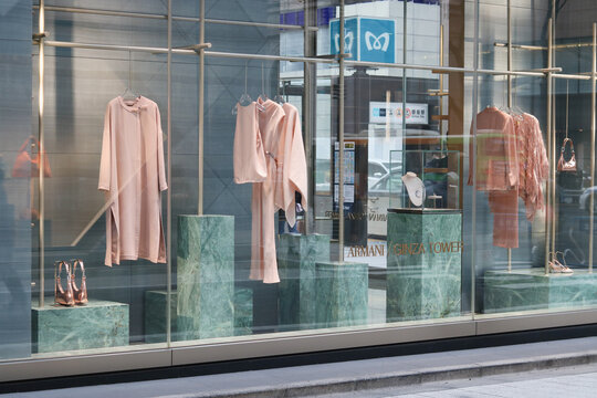 TOKYO, JAPAN - January 28, 2024: Display of the window of the Ginza Tower branch of Emporio Armani.