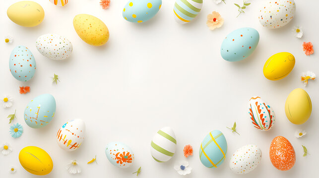 Easter Colored Eggs Decorations Holidays Flat Lay with Generative Ai