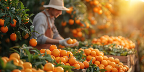 male worker harvests ripe orange tangerines in boxes on a plantation on farm in garden - obrazy, fototapety, plakaty