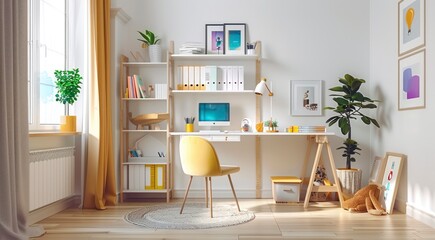 Contemporary Child's Haven - A Detailed Look at a Modern Room with a Study Area, Equipped with White Furniture and Wooden Shelves