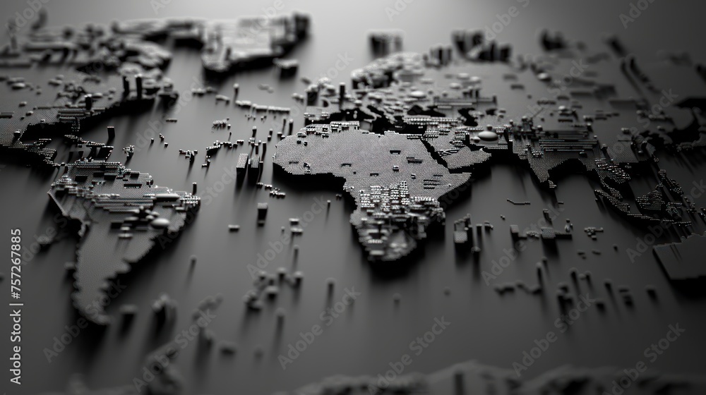 Aufkleber a 3d world map in greyscale, highlighted interactions between ai and news with neon colors in explod