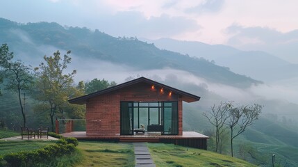 Fototapeta premium modern cabin, no sloped roof, 1 floor, soft hill, nice view, bricks and wood, big windows