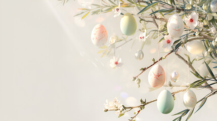 Easter Eggs Hanging on Tree Branches in Vase Again, Generative Ai