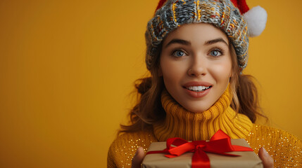Joyful woman in winter hat holding gift box on yellow background, expressing holiday cheer.