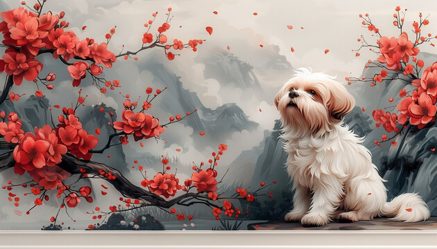 Adorable Shih Tzu Puppy Under a Cherry Blossom Branch: Illustration