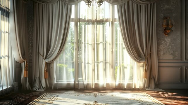 An Enticing Close-Up of an Elegant Room, Complete with Sunlit Windows and Draped Curtains