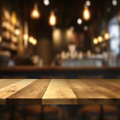 Wood table top on blurred of counter cafe shop with light bulb background. For montage product display or design key visual. - obrazy, fototapety, plakaty