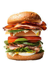 Large toasted meat and vegetable bagel sandwich isolated on transparent background