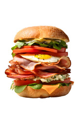 Large toasted meat and vegetable bagel sandwich isolated on transparent background