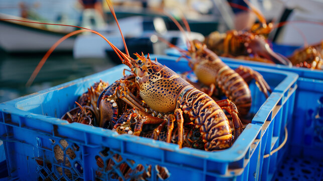 Fresh crayfish or kreef the latin name is Jasus lalandii also know as spiny rock lobster freshly caught from the ocean, seafood, in a blue crate