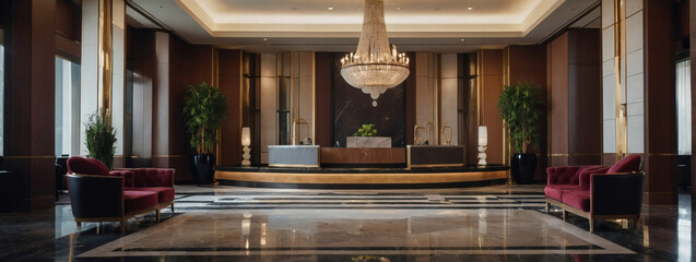 A glimpse into the opulent entrance lobby of a hotel, complete with a reception desk and a stylish relaxation zone, emphasizing modern aesthetics. - obrazy, fototapety, plakaty