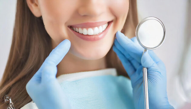 Dientes, primer plano sonrisa de mujer con un espejo pequeño redondo de dentista cerca sus dientes