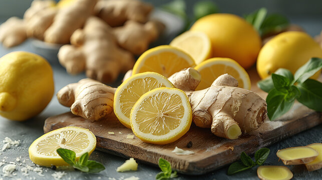 Fresh ginger and sliced lemons on wooden cutting board for healthy lifestyle and culinary concepts.