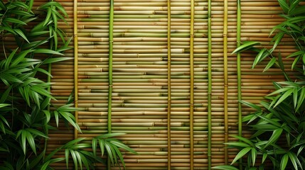 The Soothing Contrast of Vibrant Green Bamboo on a Subtle Bamboo Wall