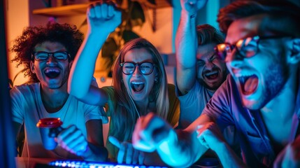 Fototapeta premium A group of friends huddled around a gaming console cheering and high-fiving each other as they compete in a multiplayer video game