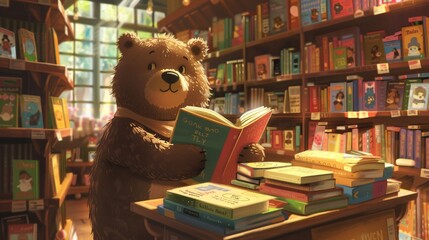 A happy bear perusing a bookstore flipping through pages of colorful picture books and storybooks
