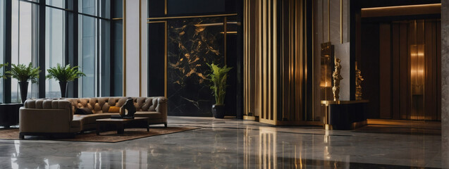 A glimpse into the stylish entrance lobby of a luxury hotel, complete with a reception desk and an inviting relaxation zone for guests. - obrazy, fototapety, plakaty