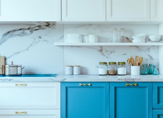 Elegant Blue and White Kitchen Interior Design. Generative ai