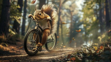 A happy squirrel riding a bicycle through the forest