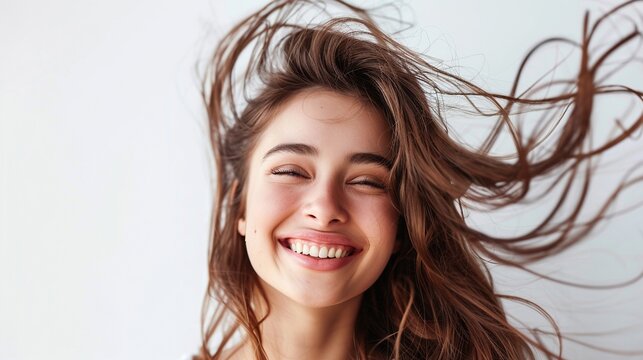 Stylish Woman Smiling Confidently with Wind-Blown Hair