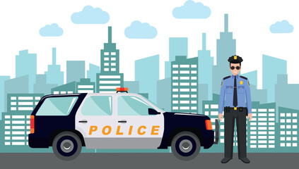 Young Cute Smiling Standing Policeman Officer in Uniform with Police Car and Modern Cityscape in Flat Style. Vector Illustration