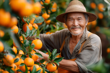 asian elderly man worker harvests ripe orange tangerines on a plantation on a farm in garden