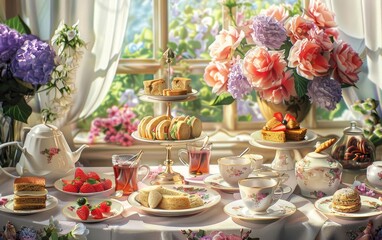An opulent afternoon tea setting with pastries in a room adorned with golden decor, near a grand fireplace. - obrazy, fototapety, plakaty