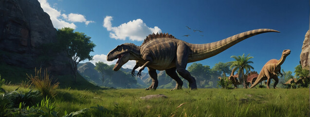 A glimpse into the Triassic period as dinosaurs inhabit a grassy landscape under a deep blue sky, symbolizing the historical evolution of our planet.