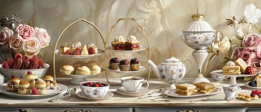 An opulent afternoon tea setting with pastries in a room adorned with golden decor, near a grand fireplace.