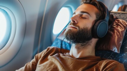 Young Man Relaxing with Closed Eyes During Airplane Journey - obrazy, fototapety, plakaty